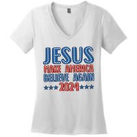 Jesus 2024 Make America Believe Again Christian 4th Of July Women's V-Neck T-Shirt