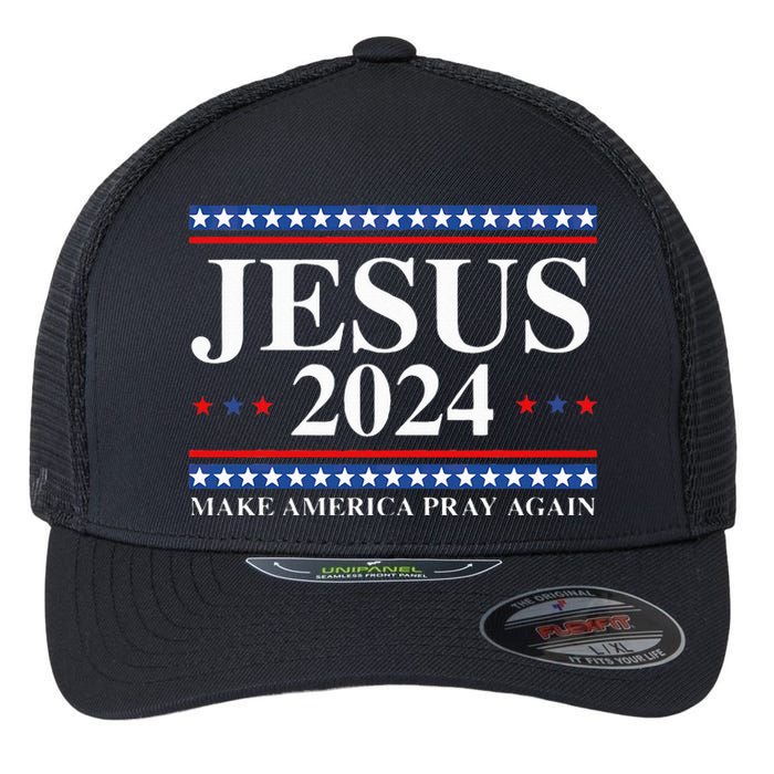 Jesus 2024 Make America Pray Again Usa Patriotic Flexfit Unipanel Trucker Cap