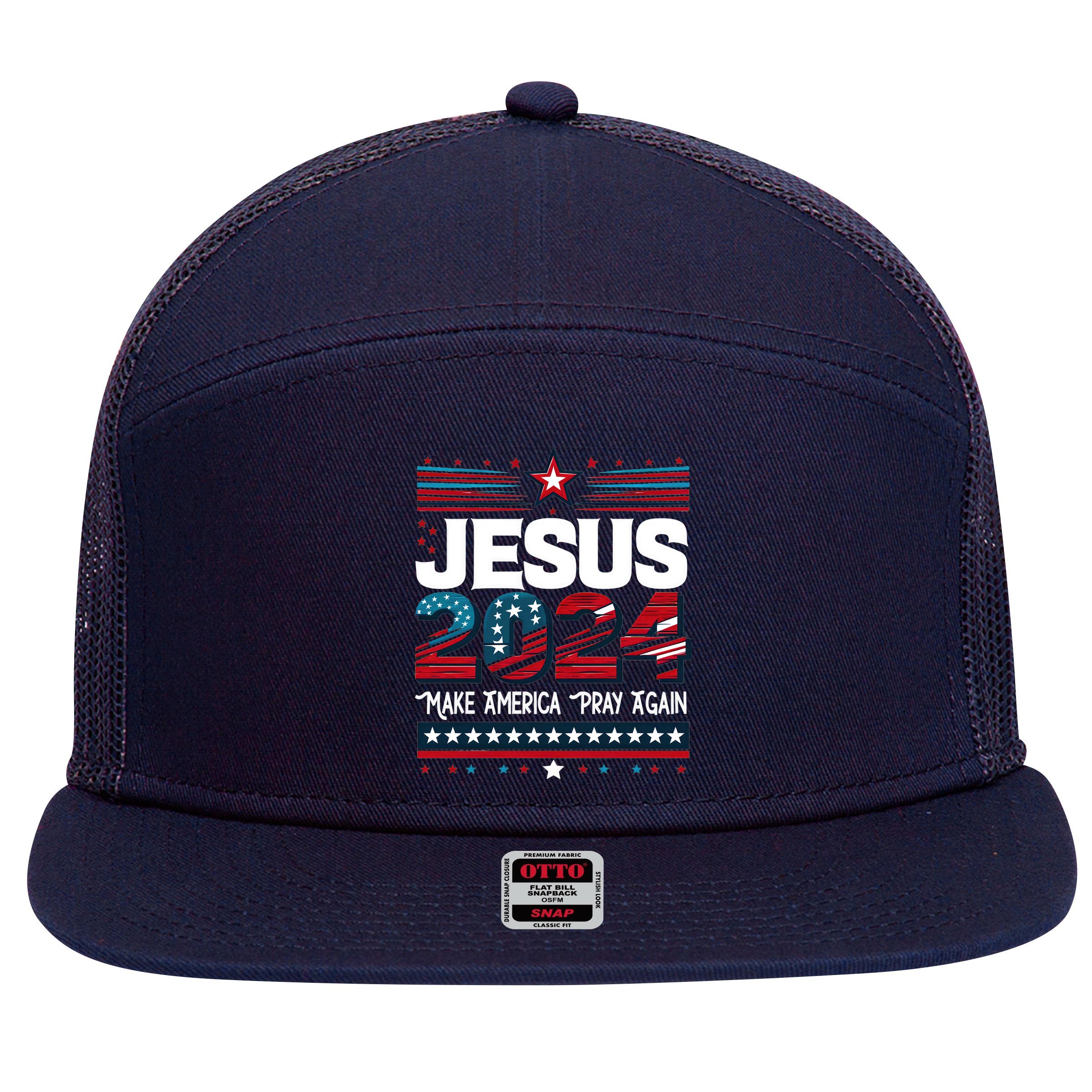 Jesus 2024 Make America Pray Again 7 Panel Mesh Trucker Snapback Hat