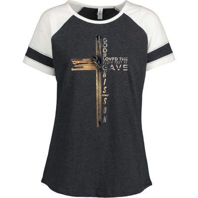 John 3:16 Christian Cross Bible Gift Enza Ladies Jersey Colorblock Tee