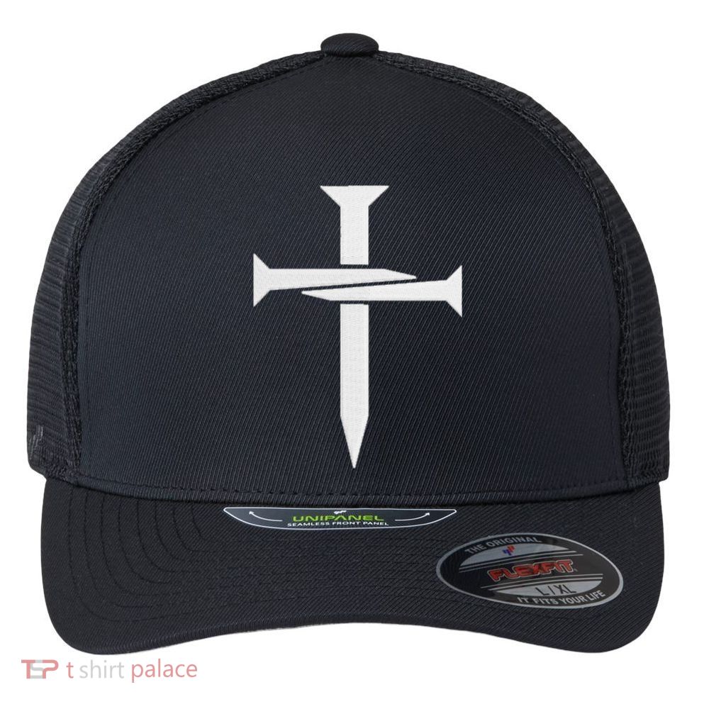 Jesus 3 Nails Cross Christian Faith Catholic King Of Kings Embroidered Flexfit Unipanel Trucker Cap