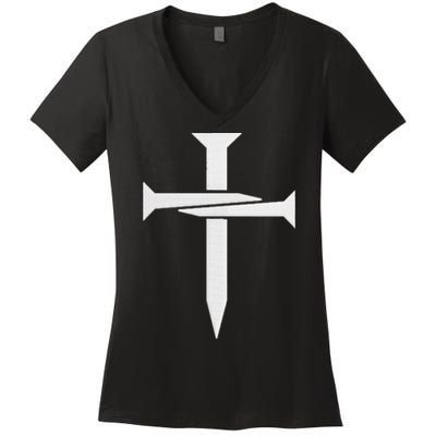 Jesus 3 Nails Cross Christian Faith Catholic King Of Kings Embroidered Women's V-Neck T-Shirt