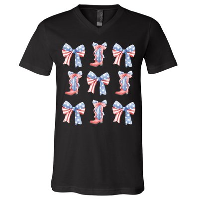 July 4th Coquette Bow America Retro V-Neck T-Shirt