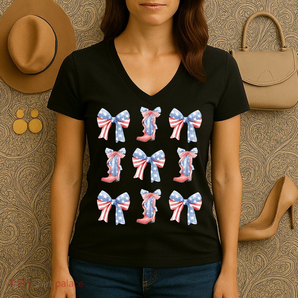 July 4th Coquette Bow America Retro Women's V-Neck T-Shirt
