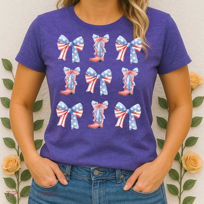July 4th Coquette Bow America Retro Womens T-Shirt