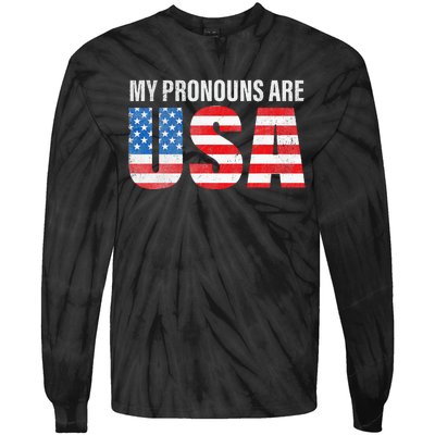 July 4th Funny My Pronouns Are USA 4th Of Jully US Flag Tie-Dye Long Sleeve Shirt