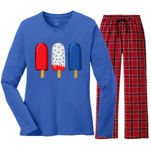 July 4th Funny Gift American Flag Popsicle Cute Gift Women's Long Sleeve Flannel Pajama Set 