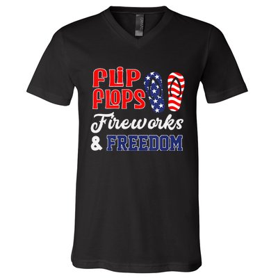 July 4th Flip Flops Fireworks & Freedom Patriotic V-Neck T-Shirt