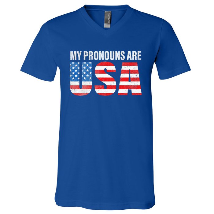 July 4th Funny My Pronouns Are USA 4th Of Jully US Flag V-Neck T-Shirt