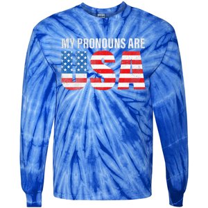 July 4th Funny My Pronouns Are USA 4th Of Jully US Flag Tie-Dye Long Sleeve Shirt