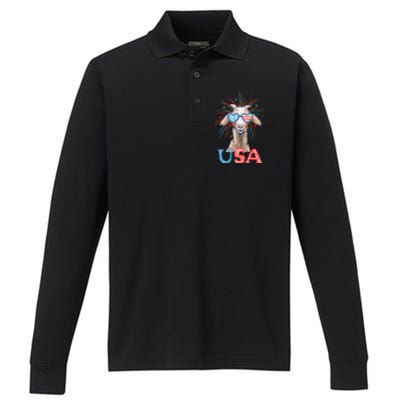 July 4th Goat Patriotic Goat Great Gift Performance Long Sleeve Polo