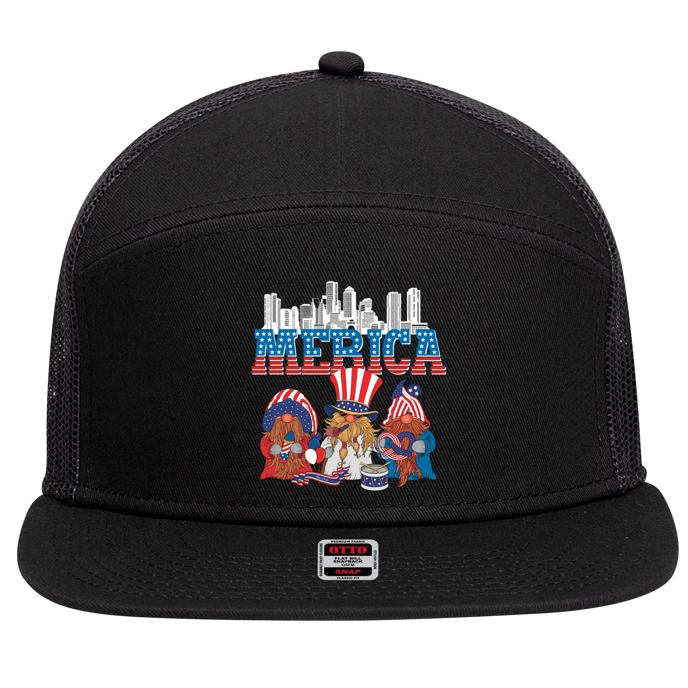 July 4th Gnomes Independence Boston Skyline Us Flag Merica Gift 7 Panel Mesh Trucker Snapback Hat