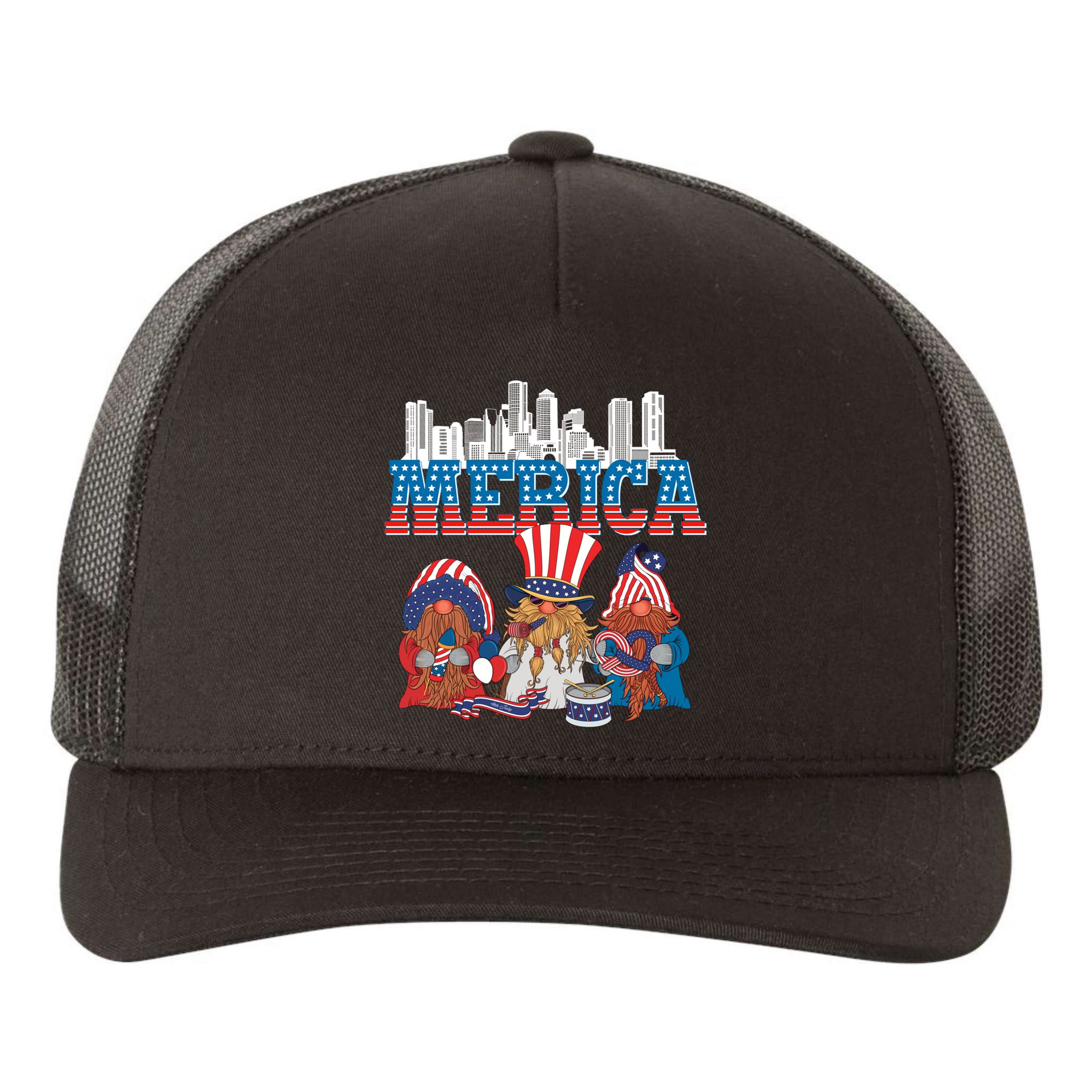 July 4th Gnomes Independence Boston Skyline Us Flag Merica Gift Yupoong Adult 5-Panel Trucker Hat