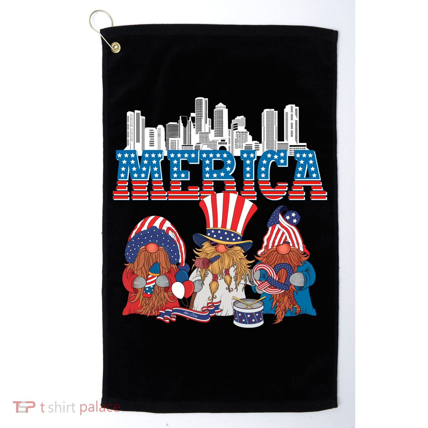 July 4th Gnomes Independence Boston Skyline Us Flag Merica Gift Golf Towel