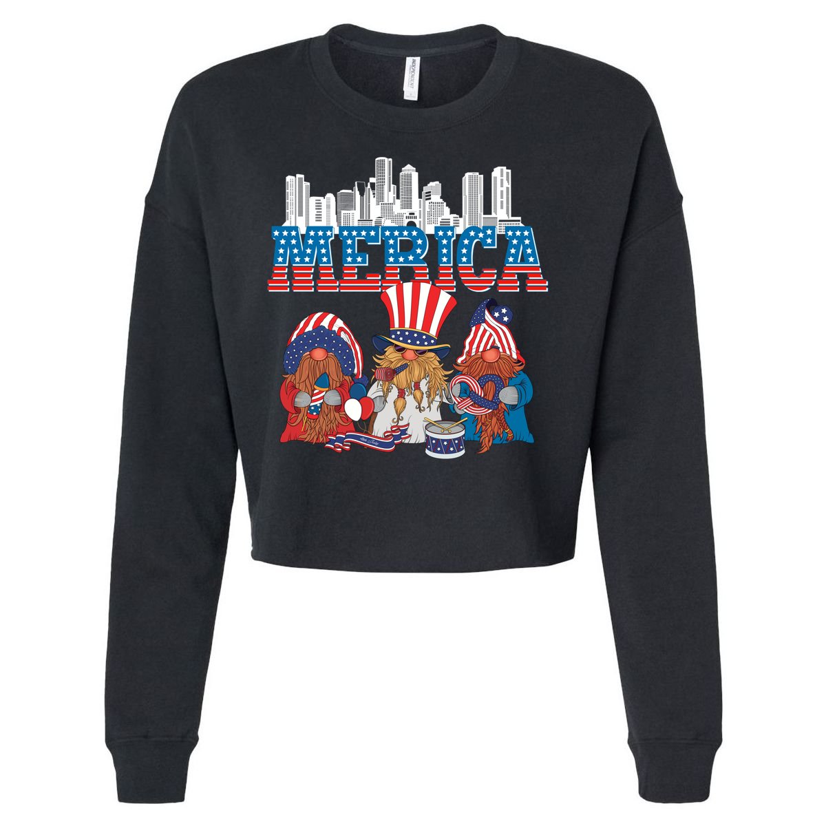 July 4th Gnomes Independence Boston Skyline Us Flag Merica Gift Cropped Pullover Crew