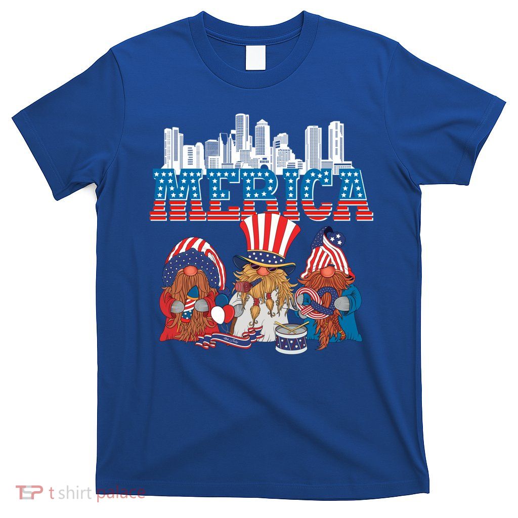 July 4th Gnomes Independence Boston Skyline Us Flag Merica Gift T-Shirt