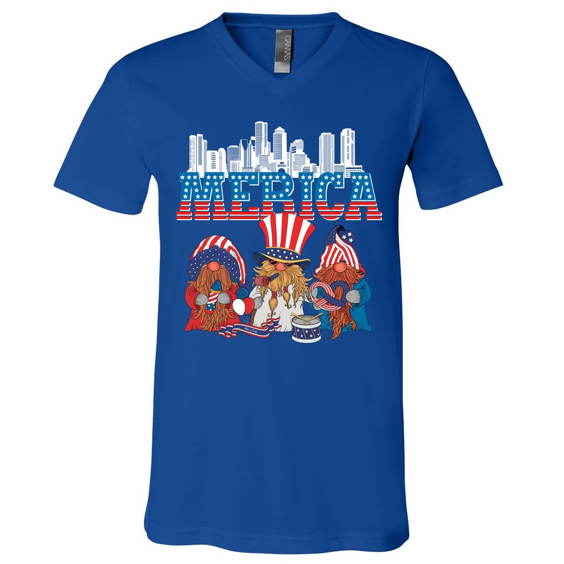 July 4th Gnomes Independence Boston Skyline Us Flag Merica Gift V-Neck T-Shirt
