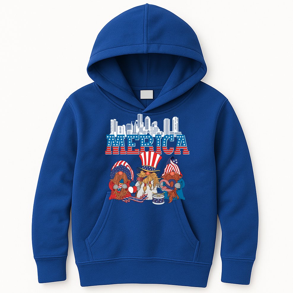 July 4th Gnomes Independence Boston Skyline Us Flag Merica Gift Kids Hoodie