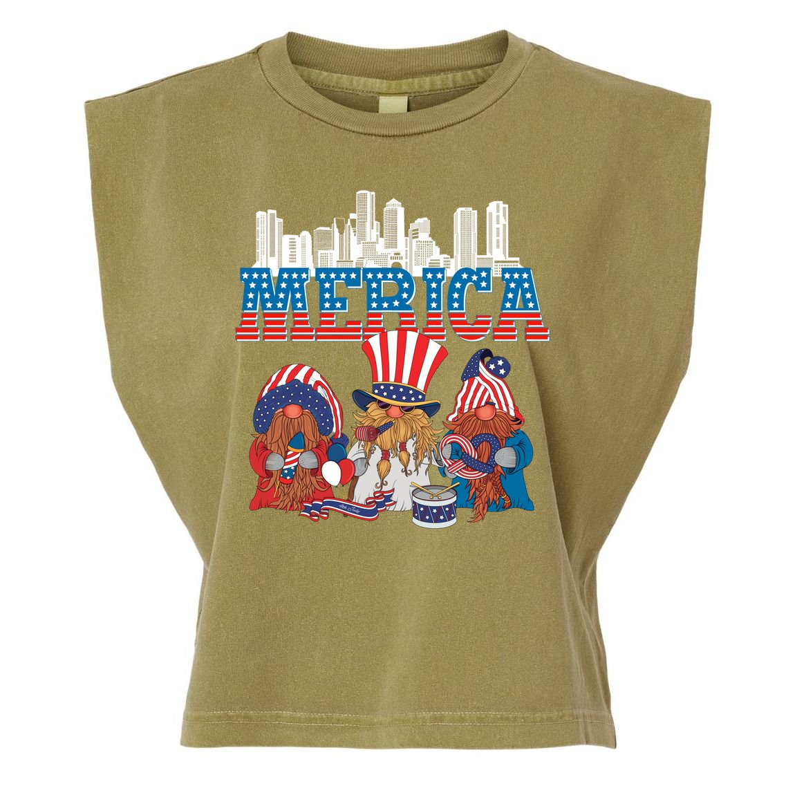 July 4th Gnomes Independence Boston Skyline Us Flag Merica Gift Garment-Dyed Women's Muscle Tee