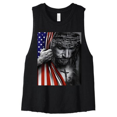 Jesus 4th of July American Flag Christian Faith Christ Lover Women's Racerback Cropped Tank