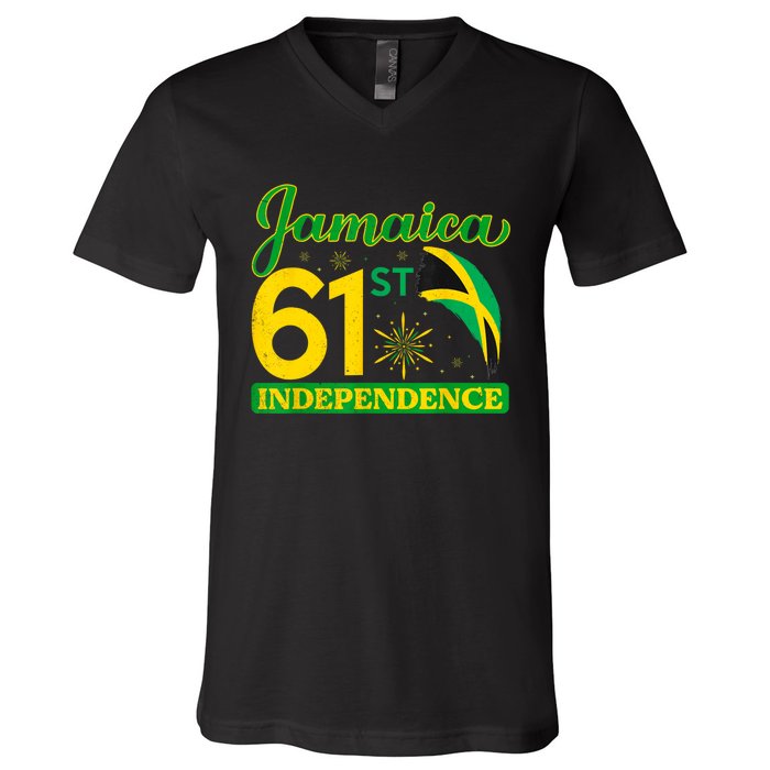 Jamaica 61st Independence Day Celebration Jamaican Flag V-Neck T-Shirt