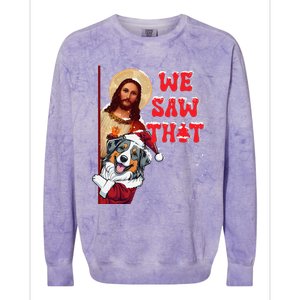 Jesus And Australian Shepherd We Saw That Funny Christmas Colorblast Crewneck Sweatshirt