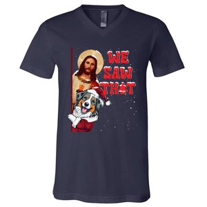 Jesus And Australian Shepherd We Saw That Funny Christmas V-Neck T-Shirt