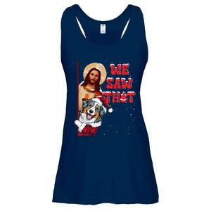 Jesus And Australian Shepherd We Saw That Funny Christmas Ladies Essential Flowy Tank