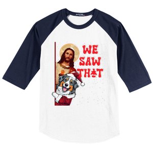 Jesus And Australian Shepherd We Saw That Funny Christmas Baseball Sleeve Shirt