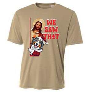 Jesus And Australian Shepherd We Saw That Funny Christmas Cooling Performance Crew T-Shirt