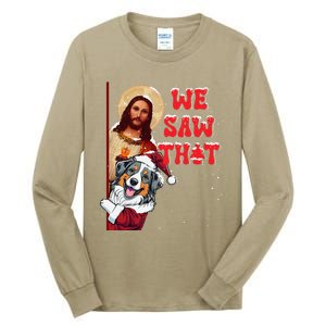 Jesus And Australian Shepherd We Saw That Funny Christmas Tall Long Sleeve T-Shirt