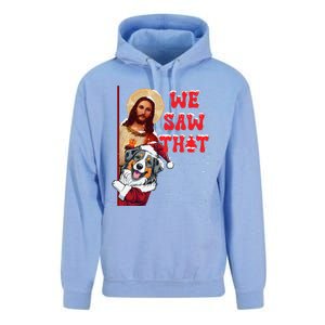 Jesus And Australian Shepherd We Saw That Funny Christmas Unisex Surf Hoodie