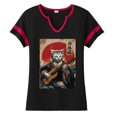 Japanese Anime Art Samurai Cat Guitarist Ladies Halftime Notch Neck Tee