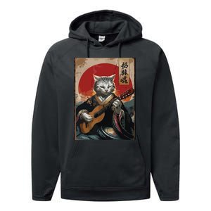 Japanese Anime Art Samurai Cat Guitarist Performance Fleece Hoodie