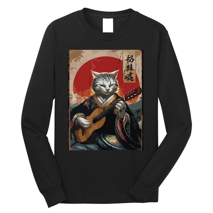 Japanese Anime Art Samurai Cat Guitarist Long Sleeve Shirt