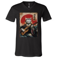 Japanese Anime Art Samurai Cat Guitarist V-Neck T-Shirt