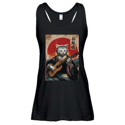 Japanese Anime Art Samurai Cat Guitarist Ladies Essential Flowy Tank