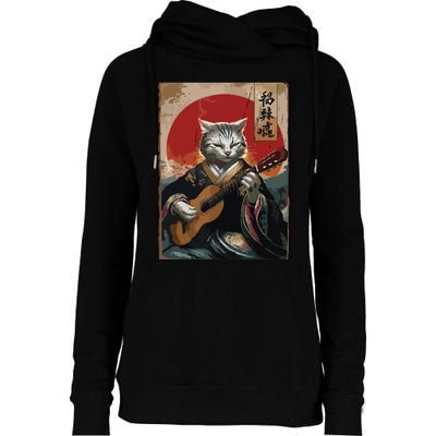 Japanese Anime Art Samurai Cat Guitarist Womens Funnel Neck Pullover Hood