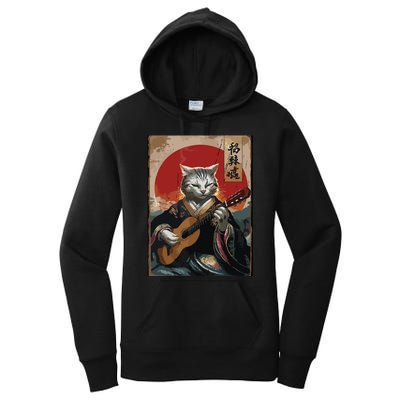 Japanese Anime Art Samurai Cat Guitarist Women's Pullover Hoodie