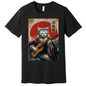 Japanese Anime Art Samurai Cat Guitarist Premium T-Shirt