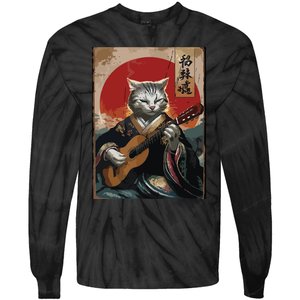 Japanese Anime Art Samurai Cat Guitarist Tie-Dye Long Sleeve Shirt