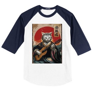 Japanese Anime Art Samurai Cat Guitarist Baseball Sleeve Shirt