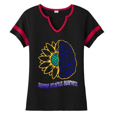 Juvenile Arthritis Awareness Month Sunflower Blue Ribbon Gift Ladies Halftime Notch Neck Tee