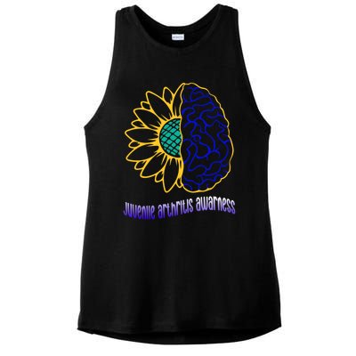 Juvenile Arthritis Awareness Month Sunflower Blue Ribbon Gift Ladies PosiCharge Tri-Blend Wicking Tank