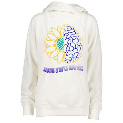 Juvenile Arthritis Awareness Month Sunflower Blue Ribbon Gift Womens Funnel Neck Pullover Hood