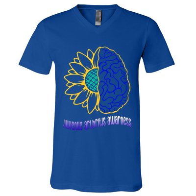 Juvenile Arthritis Awareness Month Sunflower Blue Ribbon Gift V-Neck T-Shirt