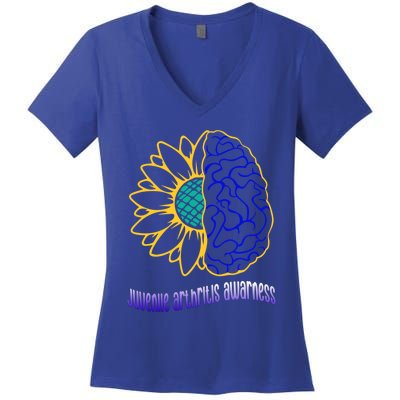 Juvenile Arthritis Awareness Month Sunflower Blue Ribbon Gift Women's V-Neck T-Shirt