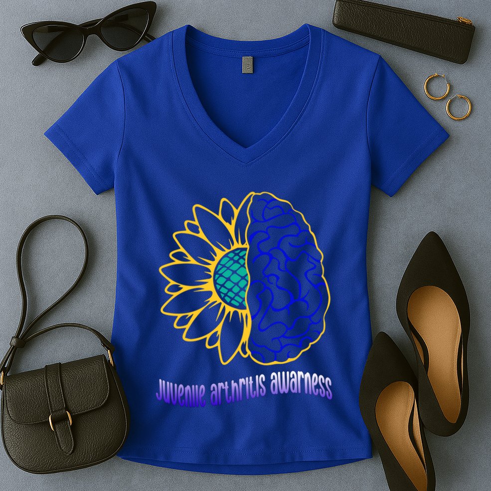 Juvenile Arthritis Awareness Month Sunflower Blue Ribbon Gift Women's V-Neck T-Shirt