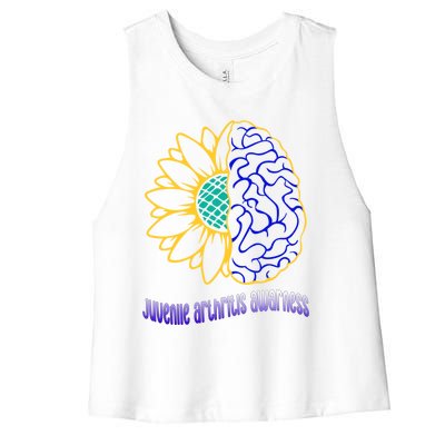 Juvenile Arthritis Awareness Month Sunflower Blue Ribbon Gift Women's Racerback Cropped Tank