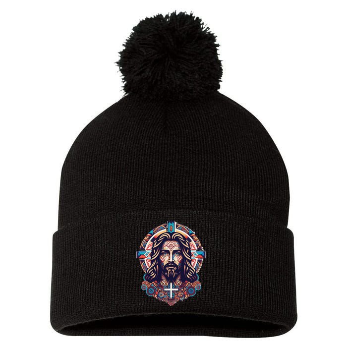 Jesus Abstract Art Pom Pom 12in Knit Beanie